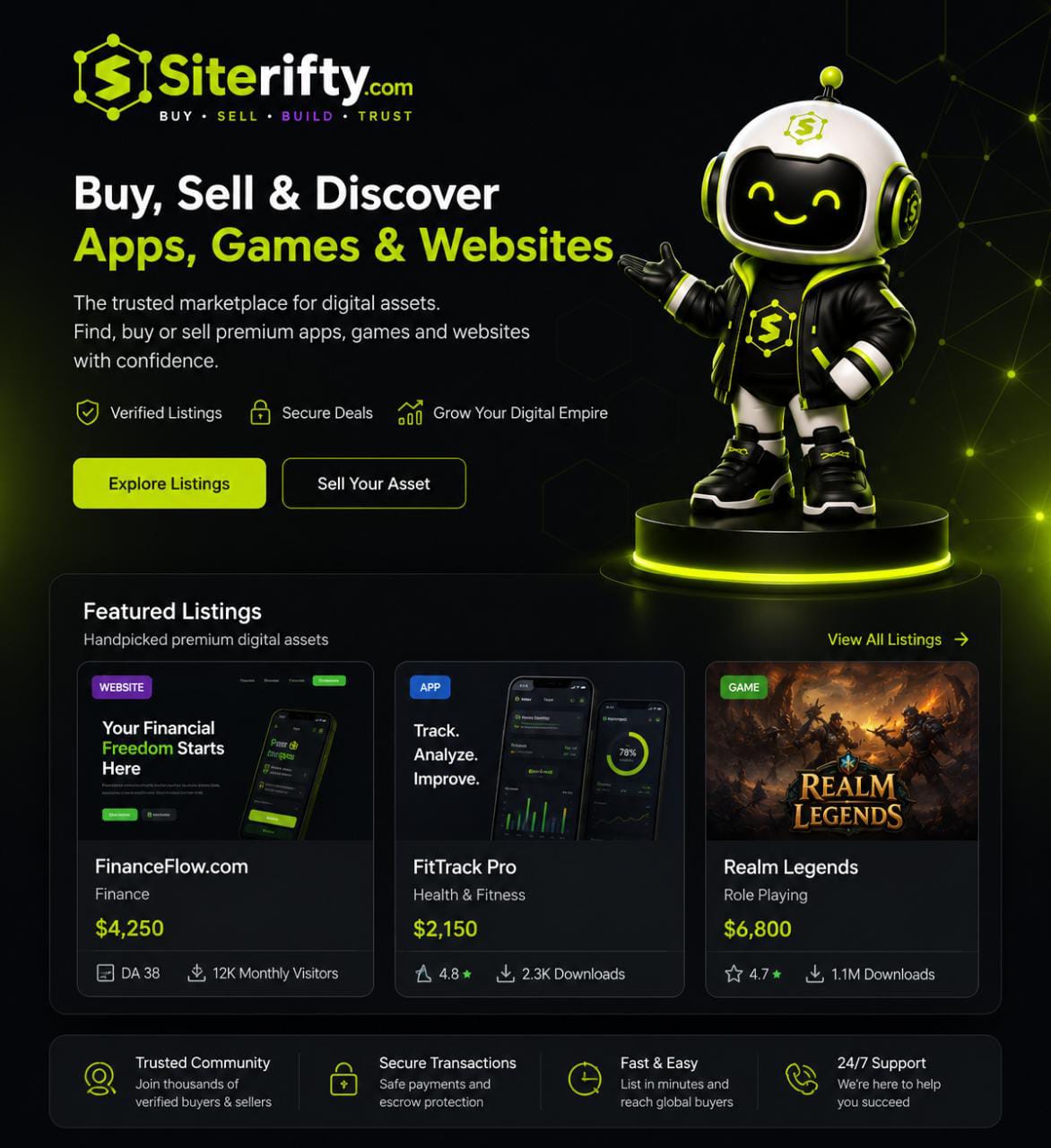 Siterifty marketplace homepage — buy, sell and discover websites, apps and games